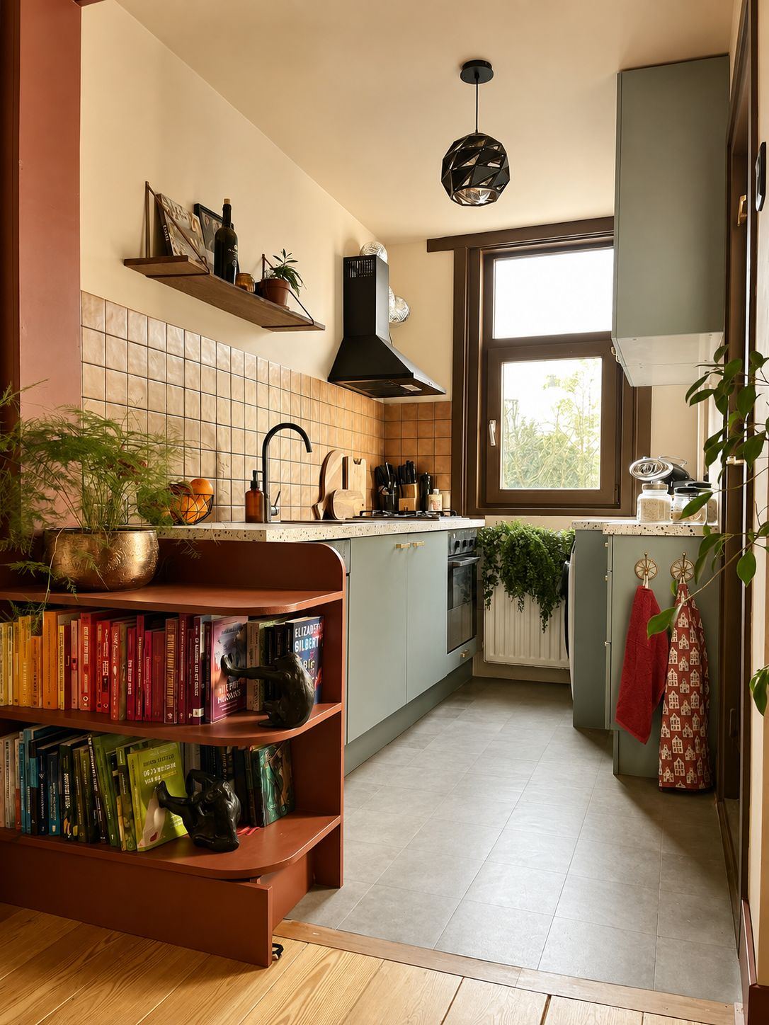 Keuken van Roxy Jones Design met terracotta tegels, open planken en een kleurrijke boekenkast