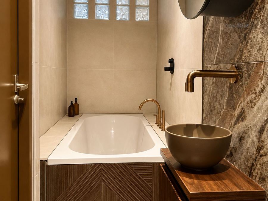 Marmeren badkamer met messing kranen en vrijstaand bad