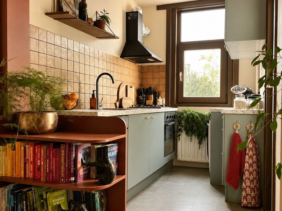 Keuken met terracotta tegels en open planken