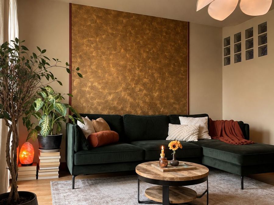 Zithoek met donkergroene veloursbank en gouden accentwand